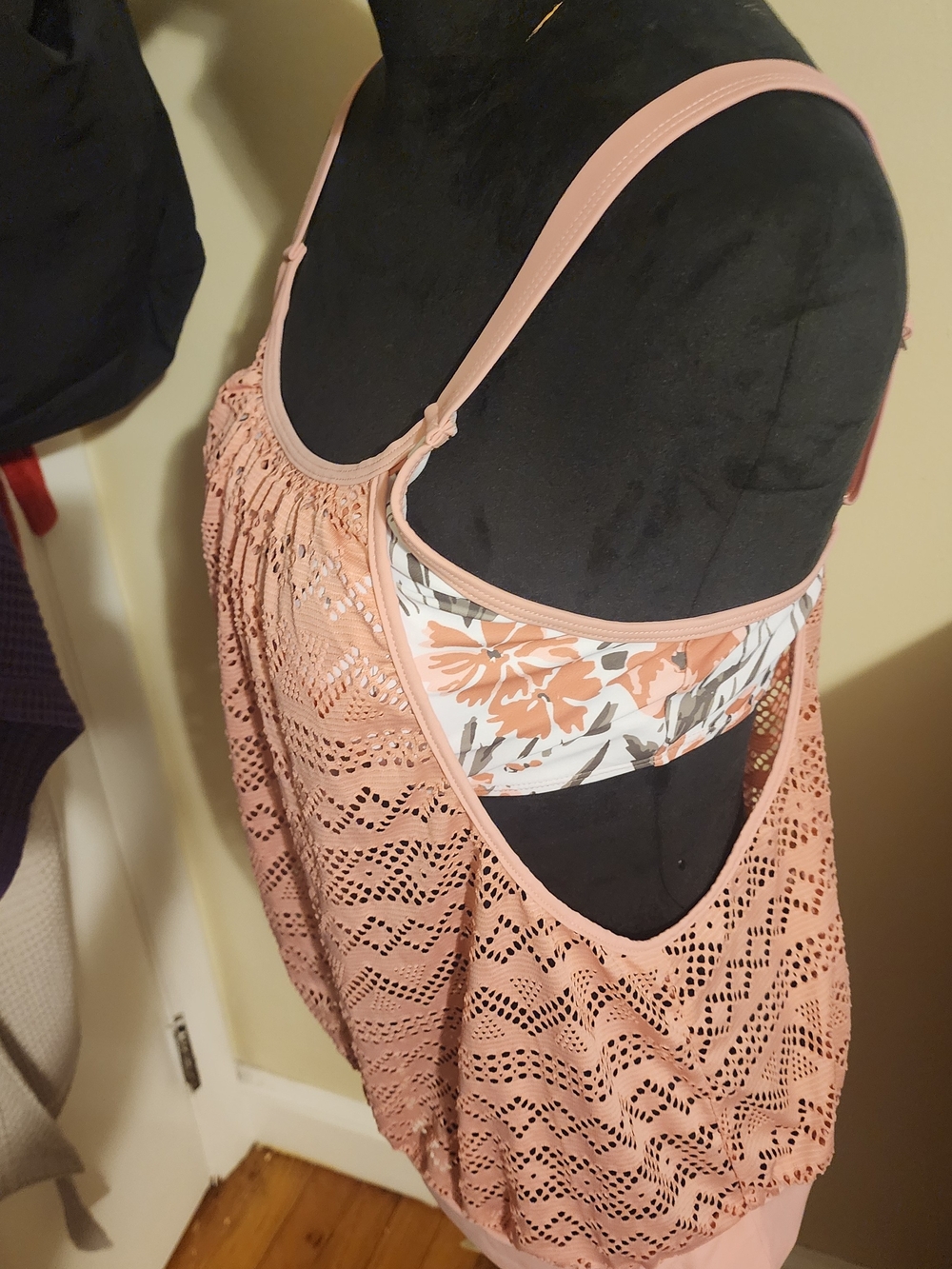 Peach Crochet Overlay Bandeau Swim Top with Floral Lining